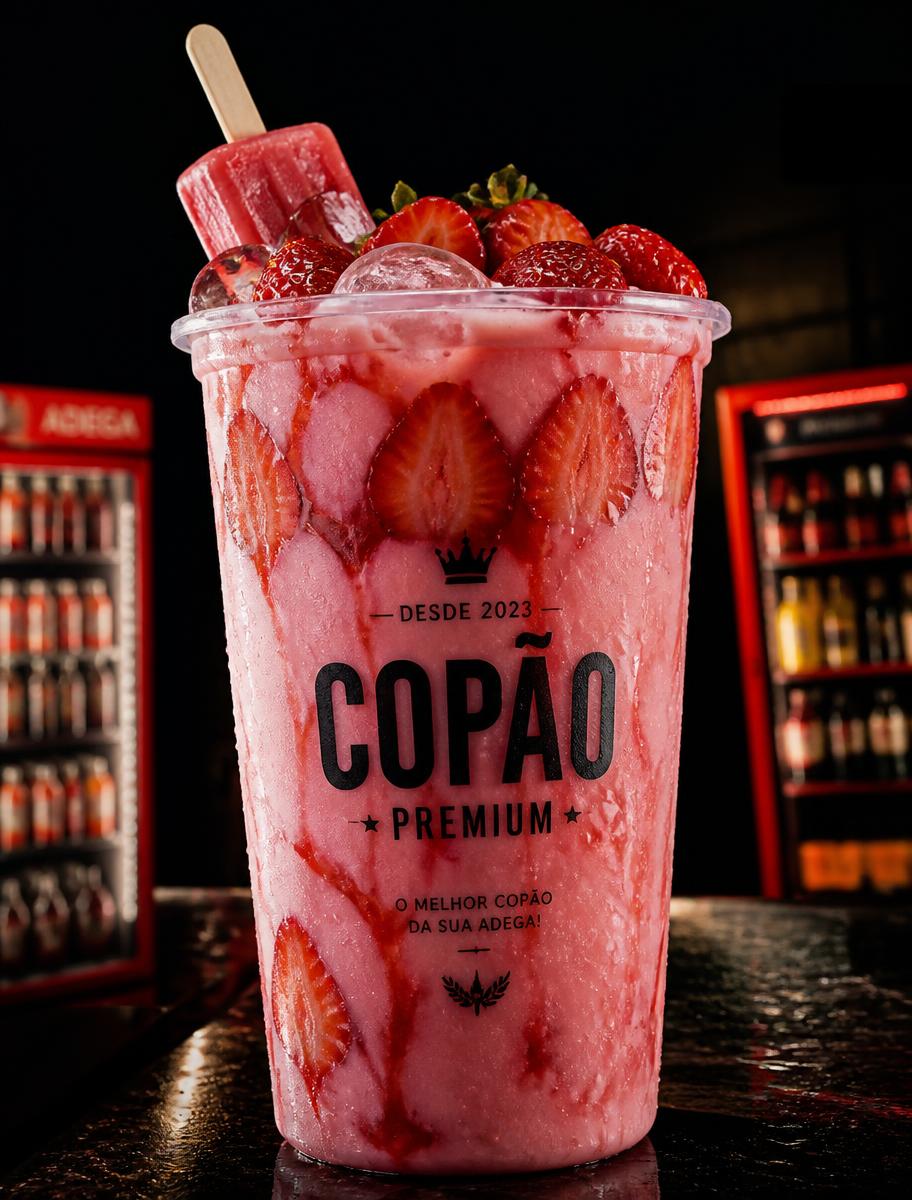 Copão cremoso de morango com calda vermelha, frutas e picolé